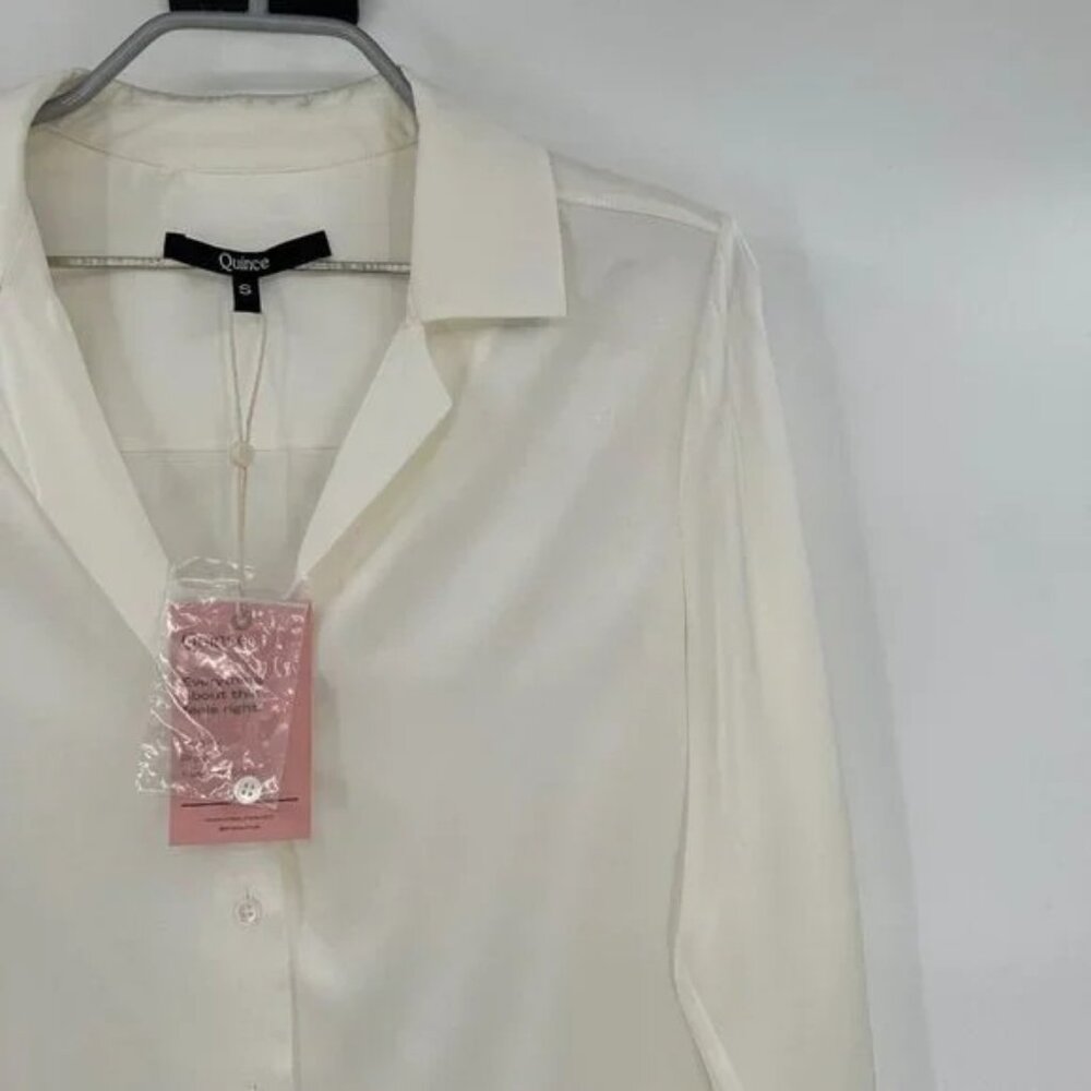 Quince Ivory Stretch Silk Notch Collar Blouse sz S Long Sleeve Shirt NWT - Picture 2 of 4